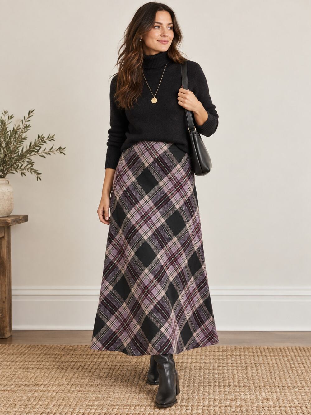 Chadwick's VTG SZ 10P Wool Purple Black Diamond Plaid Maxi Skirt Lined